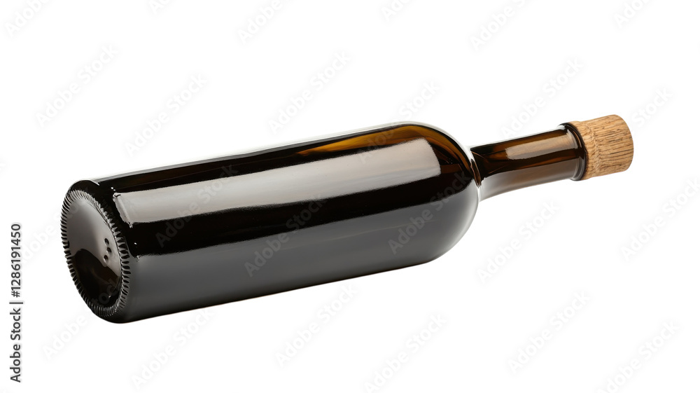 Unique glass bottle with cork displayed on a clean background highlighting its cylindrical shape and dark color Unique glass bottle with cork displayed on a clean background highlighting its cylindrical shape and dark color