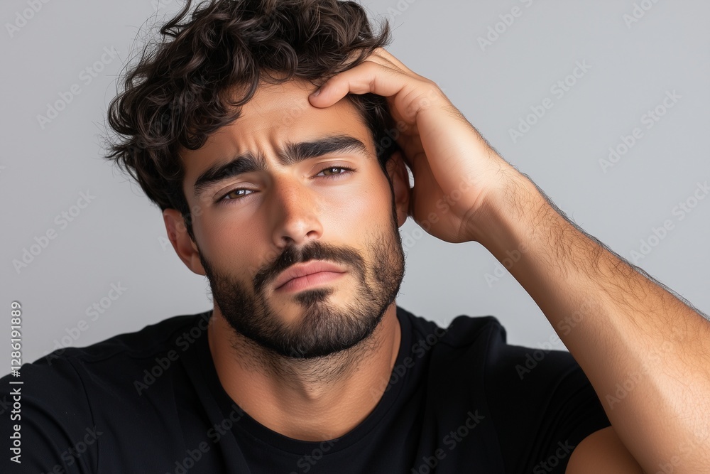 A serious young man, slight frown while pressing his forehead, plain gray background, minimalist aesthetic, clean sharp studio lighting, focus on emotions and face. A serious young man, slight frown while pressing his forehead, plain gray background, minimalist aesthetic, clean sharp studio lighting, focus on emotions and face.