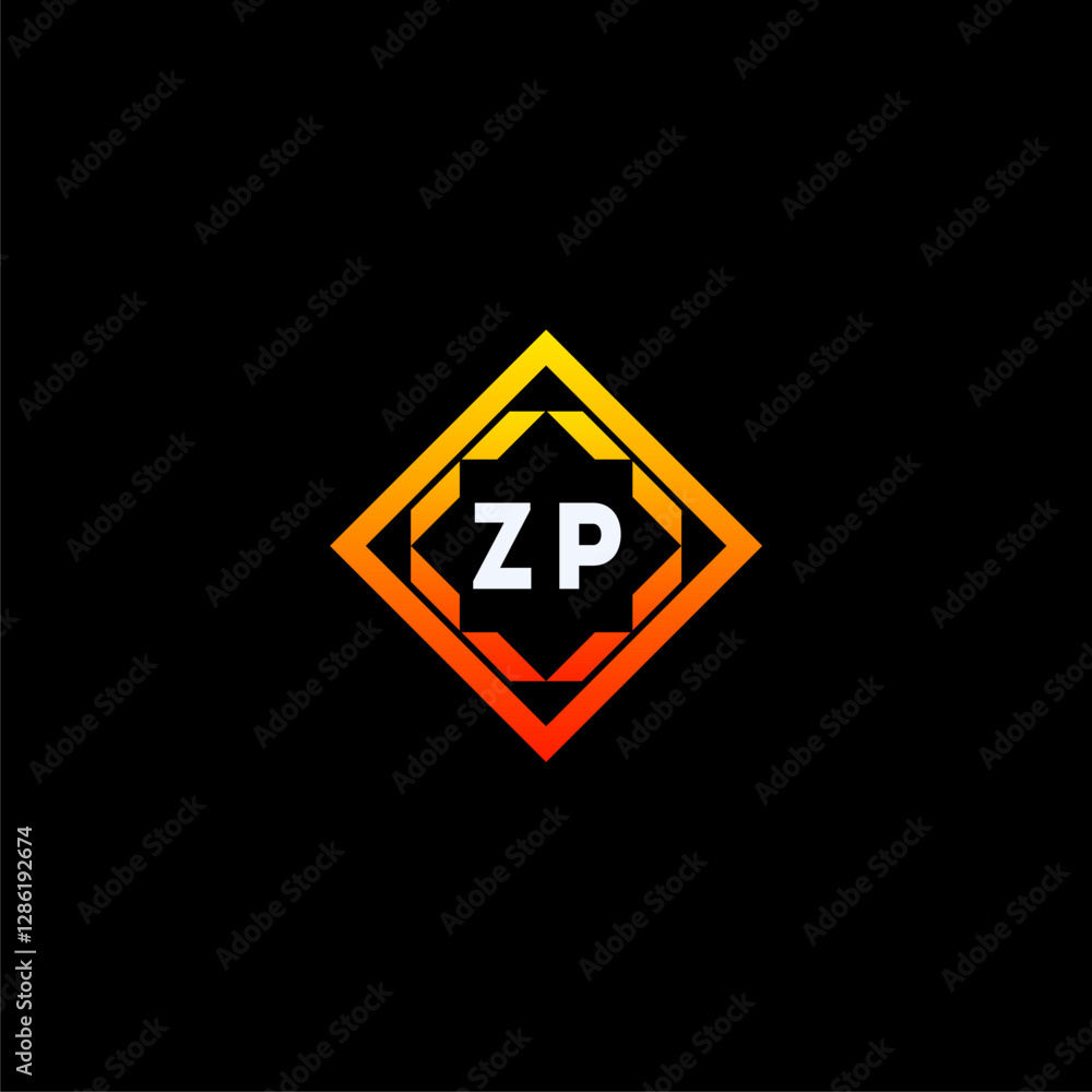 ZP initials dynamic geometric logo design features a bold lettering sign in an orange and black color scheme, displayed against a dark background ZP initials dynamic geometric logo design features a bold lettering sign in an orange and black color scheme, displayed against a dark background