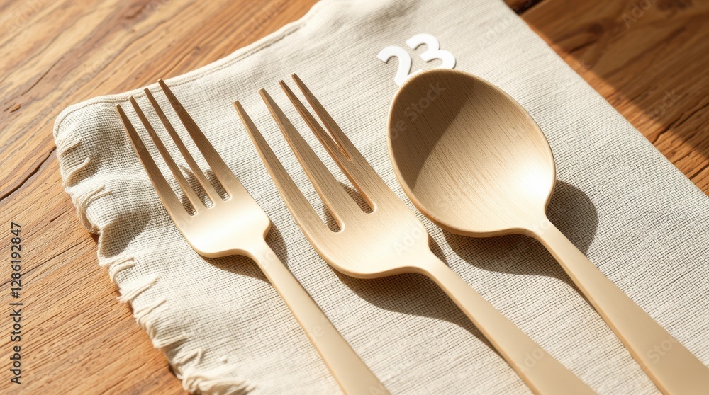 Elegant wooden cutlery set on a beige linen napkin, number 23 adding a unique touch, bathed in soft light.