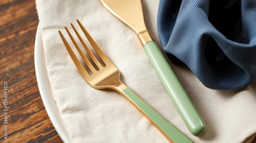 Elegant golden fork and spreader with light green handles resting on a textured linen napkin. Elegant golden fork and spreader with light green handles resting on a textured linen napkin.