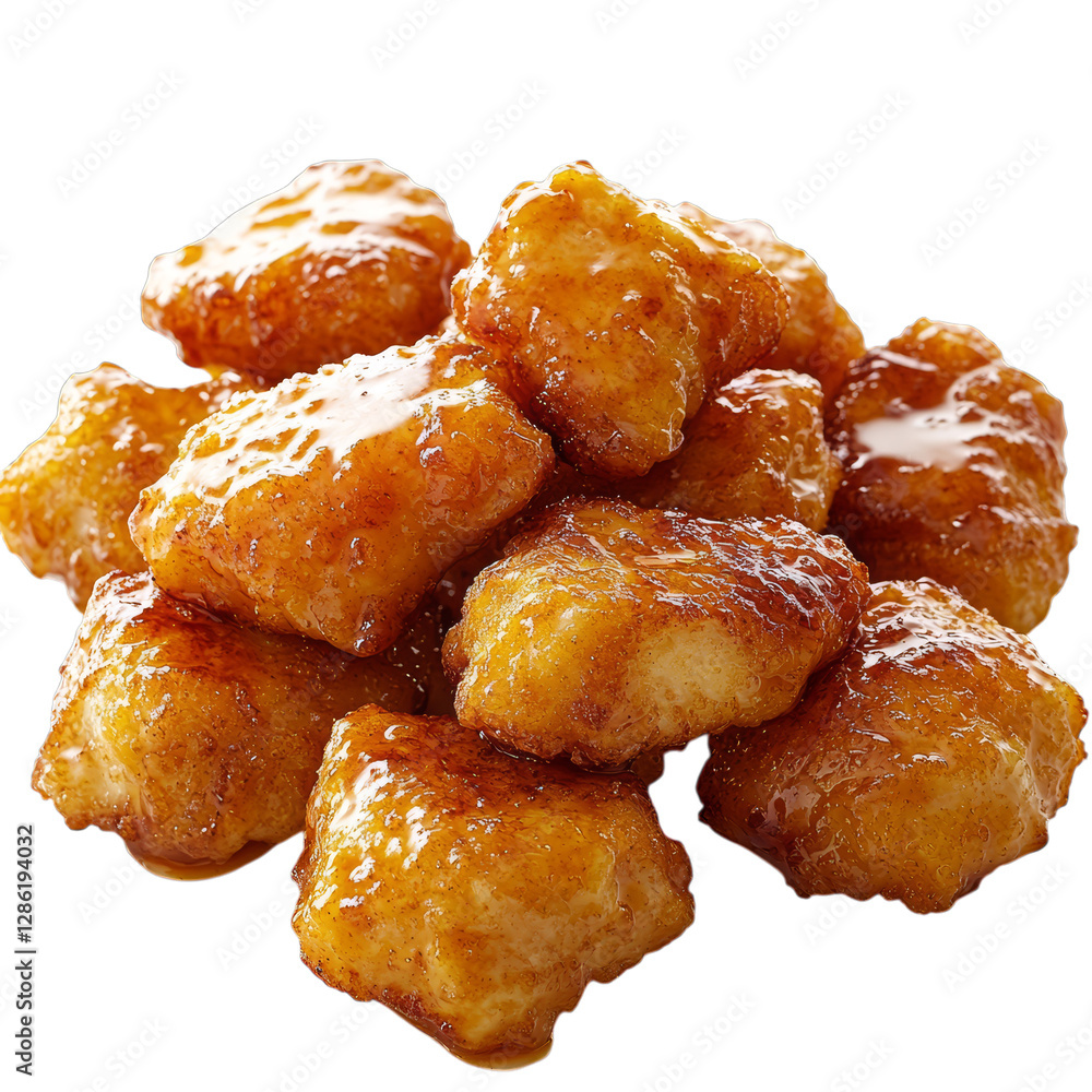 Pile of golden honey-glazed chicken nuggets on transparent background Pile of golden honey-glazed chicken nuggets on transparent background