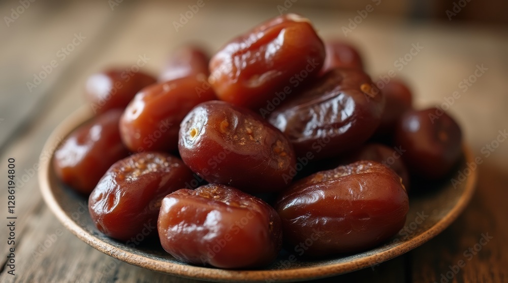A close-up of a beautifully arranged plate of fresh dates, showcasing their rich brown color and glossy texture A close-up of a beautifully arranged plate of fresh dates, showcasing their rich brown color and glossy texture