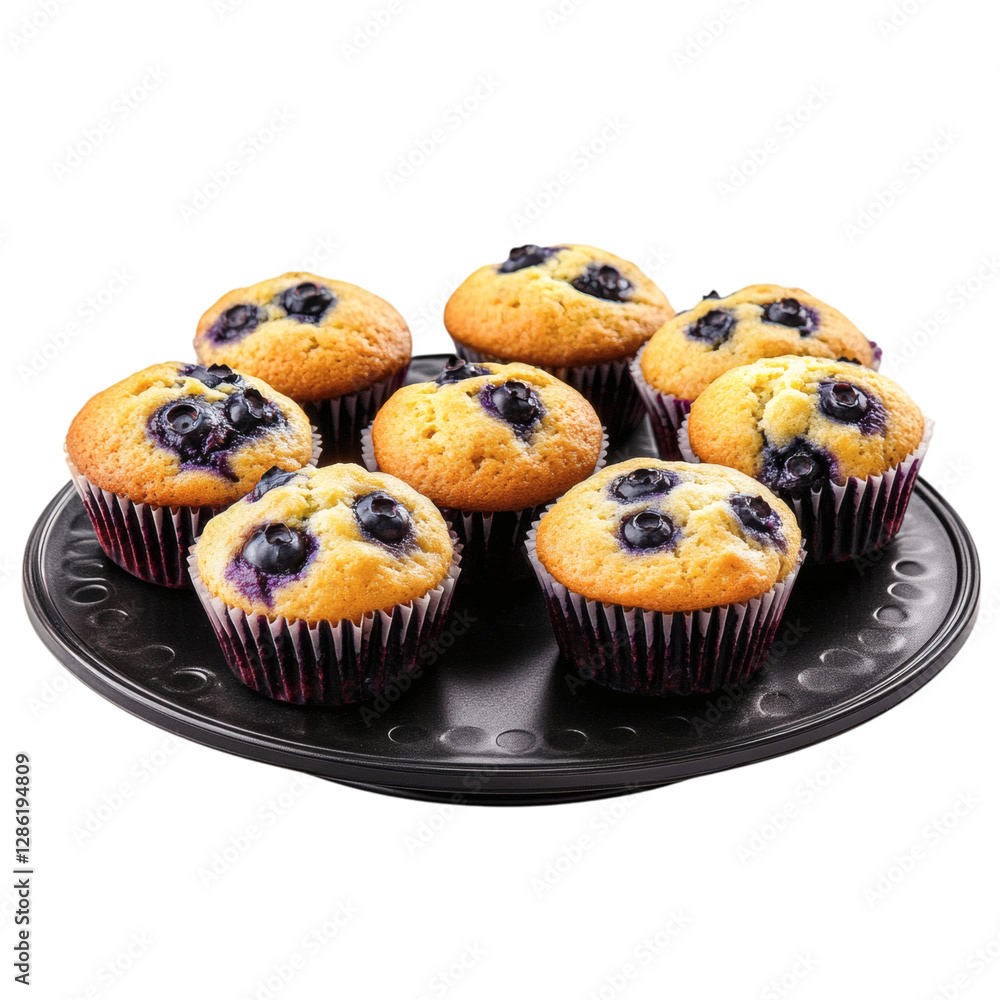 A Fresh Batch of Blueberry Muffins on a Tray Isolated on Transparent Background A Fresh Batch of Blueberry Muffins on a Tray Isolated on Transparent Background
