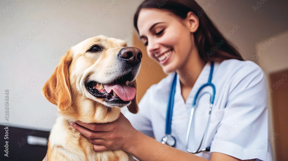 Veterinarian in work uniform examining beautiful dog at veterinary clinic. Labrador Dog having examination in vet clinic Veterinarian in work uniform examining beautiful dog at veterinary clinic. Labrador Dog having examination in vet clinic