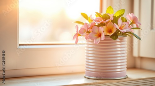 Pink and yellow flowers in a reused tin can, displayed on a sunny windowsill, creating a vibrant spring.