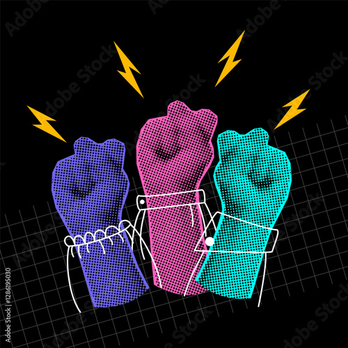 Diverse female hands raised for International Women's day. Feminism, empowerment and gender equality concept. Accelerate action IWD 2025 campaign. Halftone effect, Vector illustration
