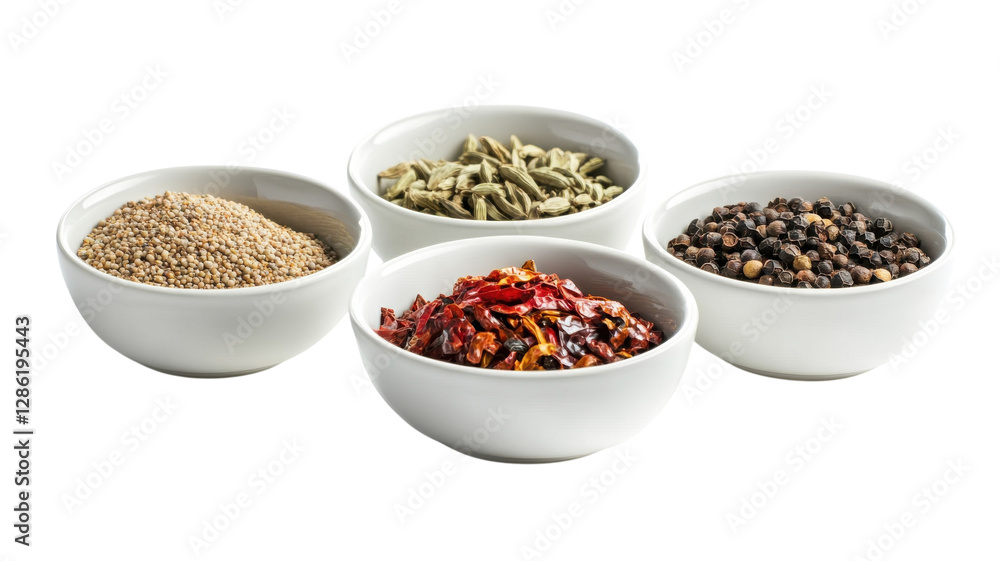 Variety of spices displayed in white bowls showcasing unique textures and colors on a clean white background Variety of spices displayed in white bowls showcasing unique textures and colors on a clean white background