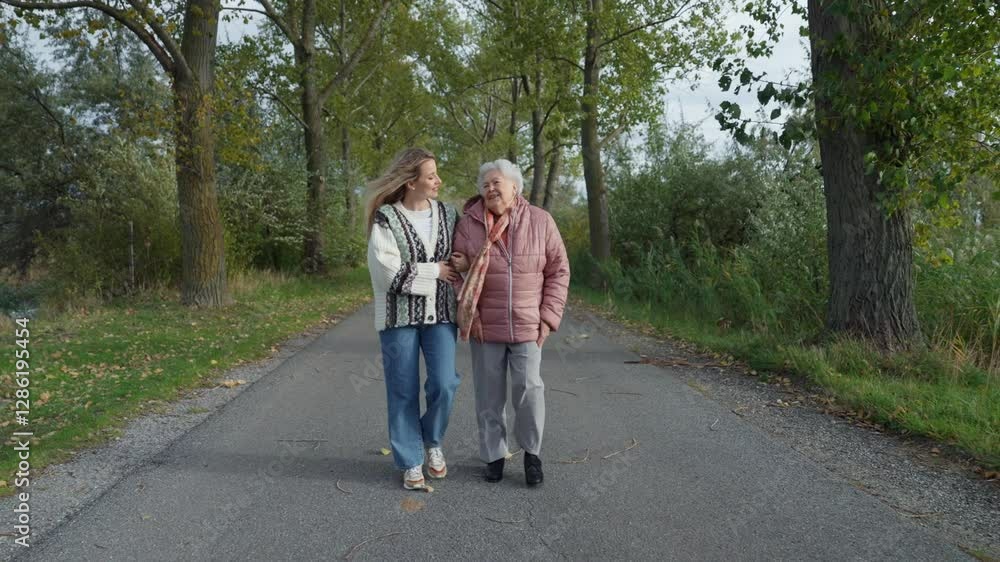 Autumn walk, senior woman and her daughter spending a chilly, windy day outdoors in nature. Autumn walk, senior woman and her daughter spending a chilly, windy day outdoors in nature.