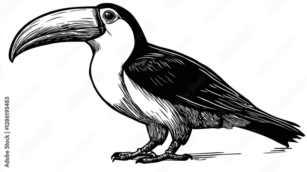 Obraz premium Toucan Sketch: Detailed Tropical Bird Design for Logos, Tattoos, and Nature Lovers