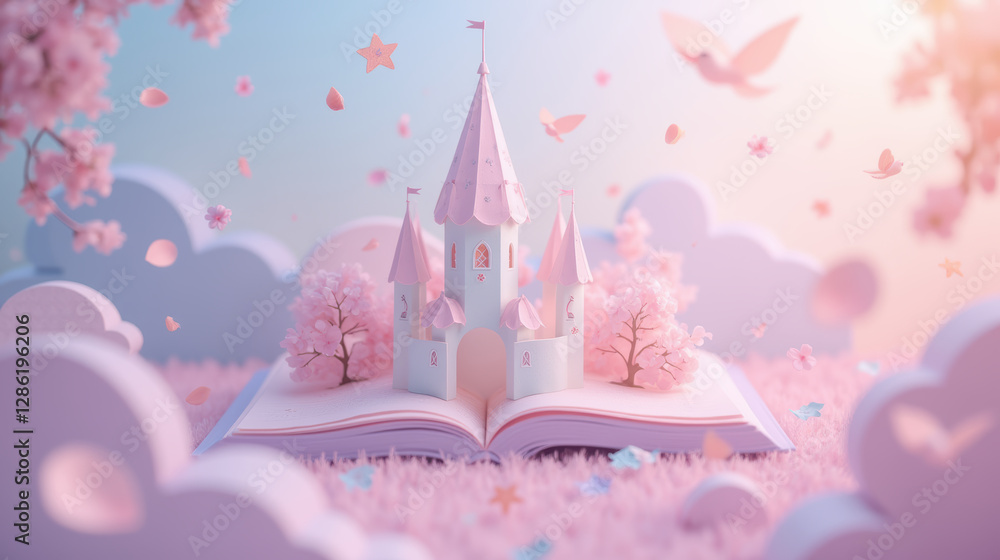 Fototapeta premium whimsical castle surrounded by pink trees and clouds, creating dreamy atmosphere. scene evokes sense of wonder and magic