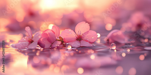 Serene pink cherry blossoms floating in a reflective water surface at sunset