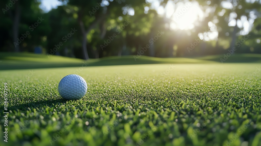 A close-up view of a golf ball resting on lush green grass at sunset, creating a serene and tranquil golfing atmosphere. A close-up view of a golf ball resting on lush green grass at sunset, creating a serene and tranquil golfing atmosphere.