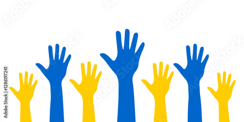 Banner with a row of raised blue and yellow hands isolated on a transparent background. Concept of voting, elections and human rights in Ukraine. Vector illustration