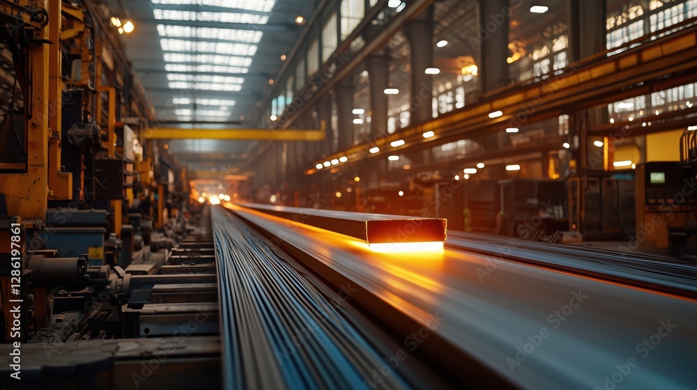 Vibrant Steel Production Line in a Modern Metal Industry Factory with Hot Steel Slab Moving on Conveyor Belt Vibrant Steel Production Line in a Modern Metal Industry Factory with Hot Steel Slab Moving on Conveyor Belt