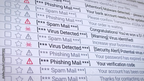 Video animation of a scrolling list in the internet browser with detected virus, spam, phishing and malware emails - seamless loop in close-up.