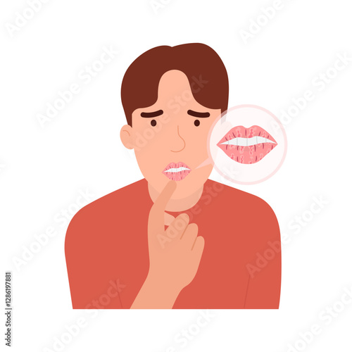 Vector illustration of a man with chapped lips, lack of moisture, dry lips.