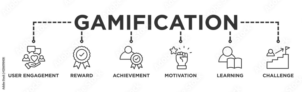 Gamification banner web icon vector illustration concept with icon of user engagement, reward, achievement, motivation, learning, and challenge Gamification banner web icon vector illustration concept with icon of user engagement, reward, achievement, motivation, learning, and challenge