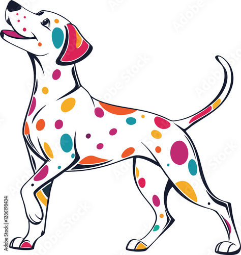 dalmatian illustration with a coat of vibrant, multicolored spots