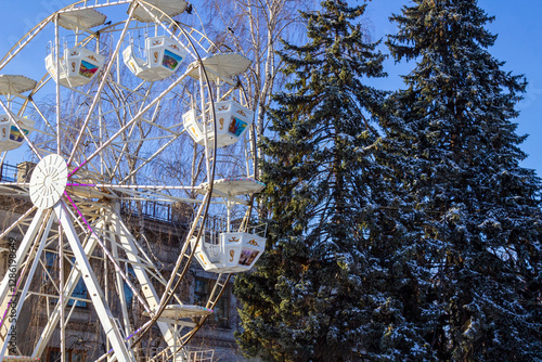 Ferris Wheel attraction in the city park. Two fir trees nearby. Blue sky photo