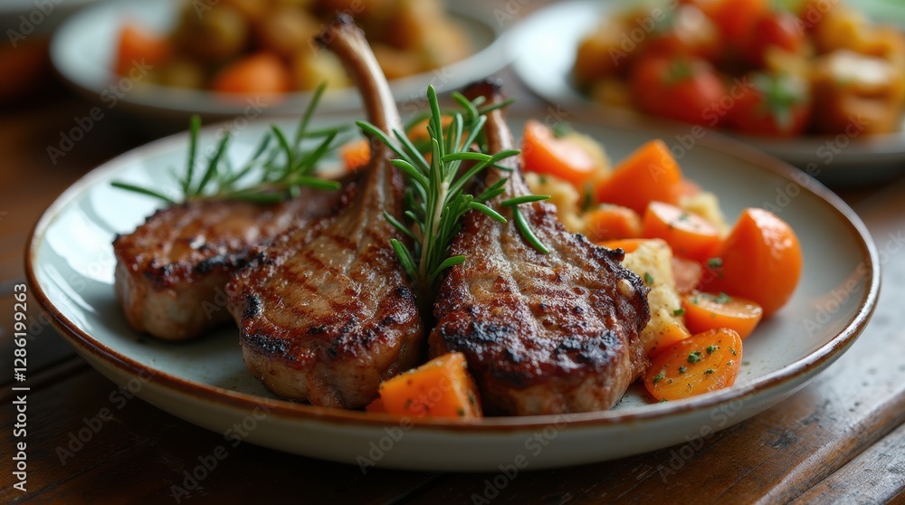 Grilled lamb chops with rosemary and roasted vegetables on a rustic table Grilled lamb chops with rosemary and roasted vegetables on a rustic table