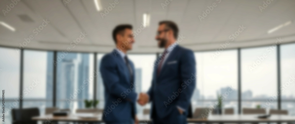 Blurred background depicting a side profile of executives in suits shaking hands, symbolizing successful deal Blurred background depicting a side profile of executives in suits shaking hands, symbolizing successful deal