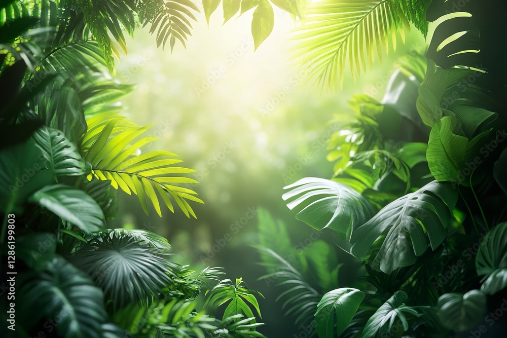 Obraz premium Lush green jungle with vibrant leaves illuminated by sunlight filtering through trees