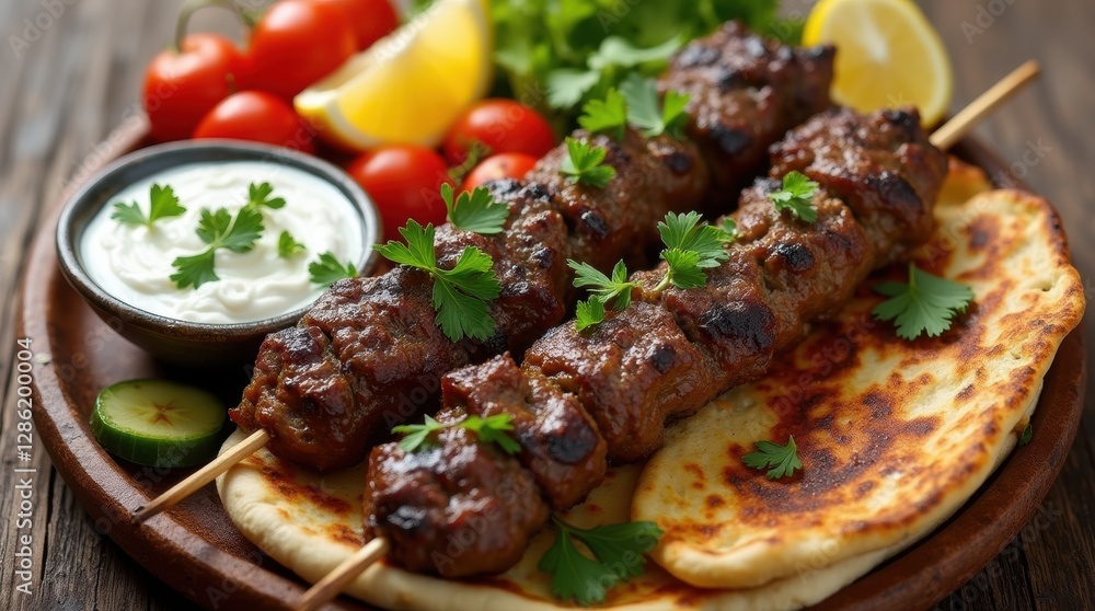 Mediterranean lamb skewers with pita, grilled vegetables, and tzatziki sauce Mediterranean lamb skewers with pita, grilled vegetables, and tzatziki sauce