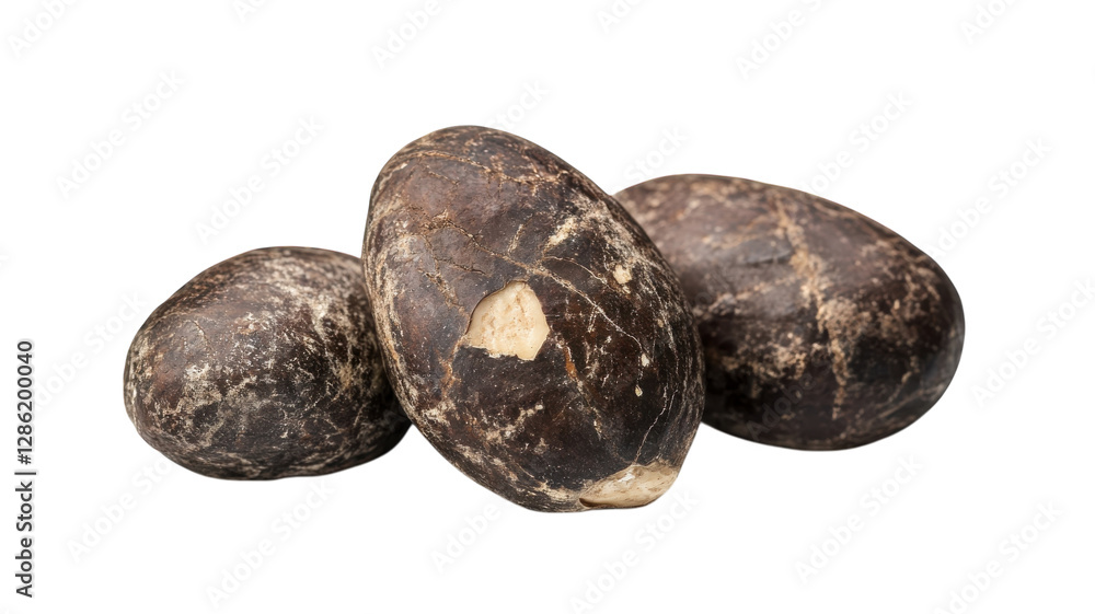 Brown and gray speckled rocks arranged artfully on a white background showcasing natural textures Brown and gray speckled rocks arranged artfully on a white background showcasing natural textures