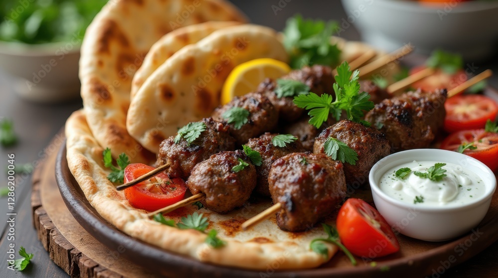 Mediterranean lamb skewers with pita, grilled vegetables, and tzatziki sauce Mediterranean lamb skewers with pita, grilled vegetables, and tzatziki sauce