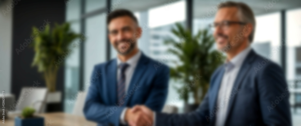 Blurred background depicting a side profile of executives sealing a deal with a handshake Blurred background depicting a side profile of executives sealing a deal with a handshake