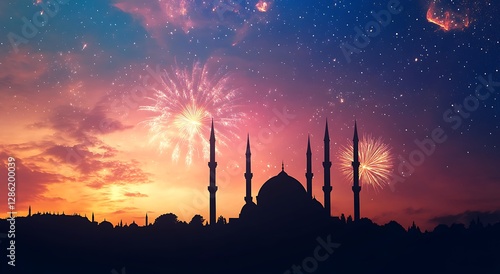 A beautiful sky with fireworks and stars, the silhouette of a mosque in front of it, photo