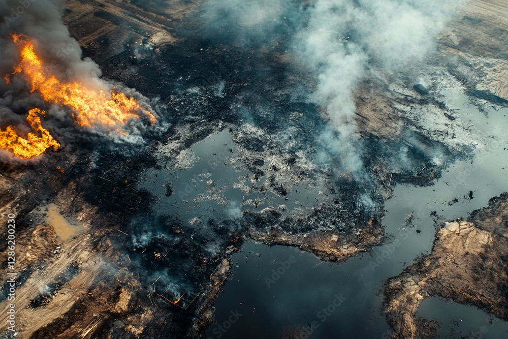 Large fire burning in the middle of an open field with smoke rising into the sky Large fire burning in the middle of an open field with smoke rising into the sky