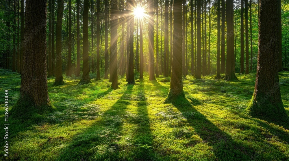 Fototapeta premium Sunlight Streaming Through Forest Trees Onto Green Mossy Ground