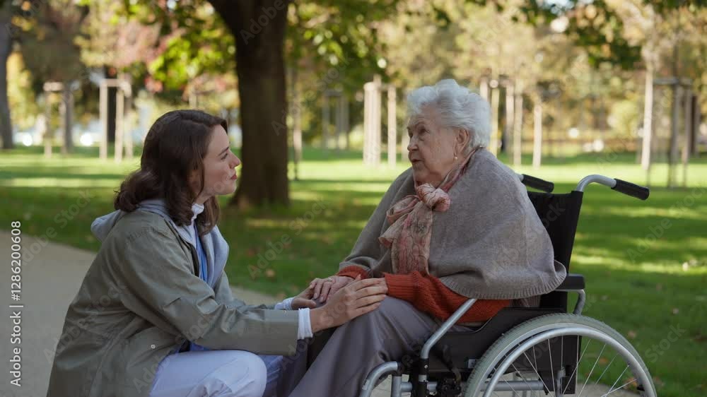 Disabled elderly woman in wheelchair talking with her nurse, sharing her problems with female caregiver.