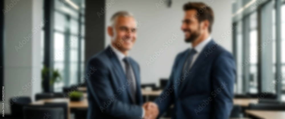 Blurred background capturing a side view of executives sealing an agreement with a handshake Blurred background capturing a side view of executives sealing an agreement with a handshake