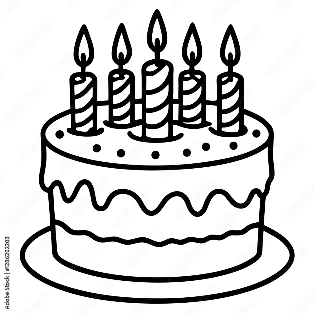A round cake with frosting and five striped candles A round cake with frosting and five striped candles