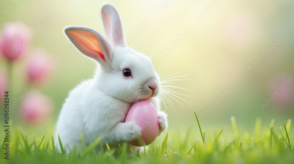 Obraz premium White bunny holding a pastel Easter egg on green grass with a floral backdrop