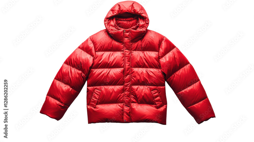 Bright red puffer jacket showcases warmth and style for cold weather activities during the winter season