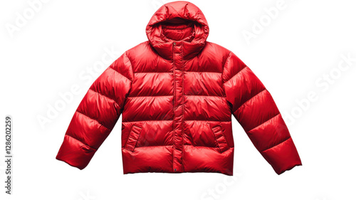 Obraz na płótnie Bright red puffer jacket showcases warmth and style for cold weather activities during the winter season w salonie