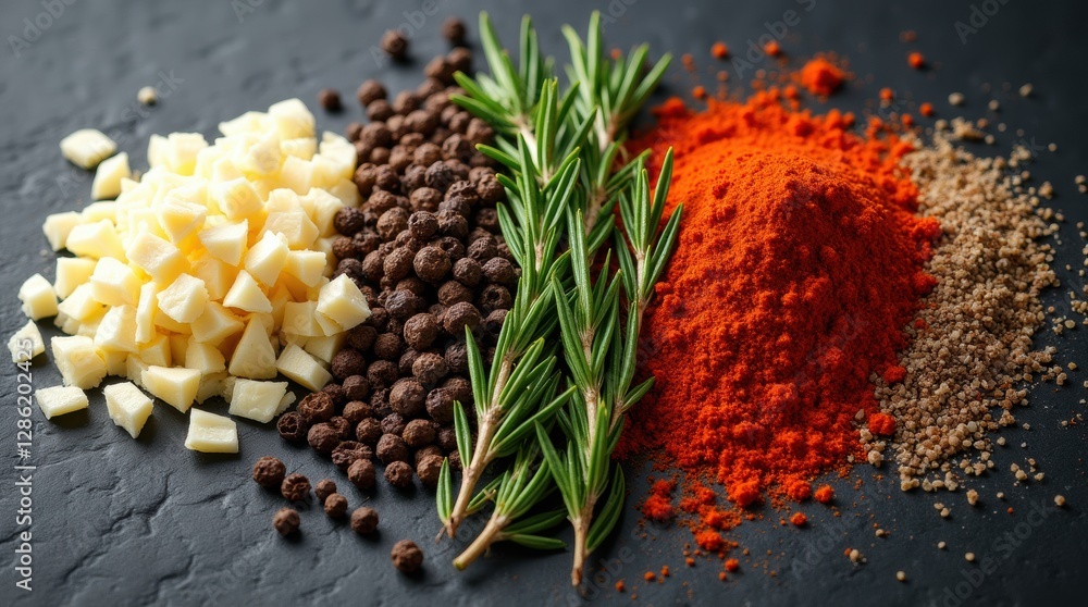 Fototapeta premium Assorted spices and herbs for lamb seasoning on a dark textured background