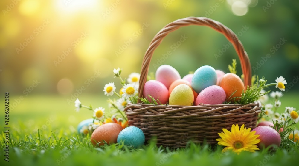 Easter basket filled with colorful eggs and flowers on green grass under sunlight Easter basket filled with colorful eggs and flowers on green grass under sunlight