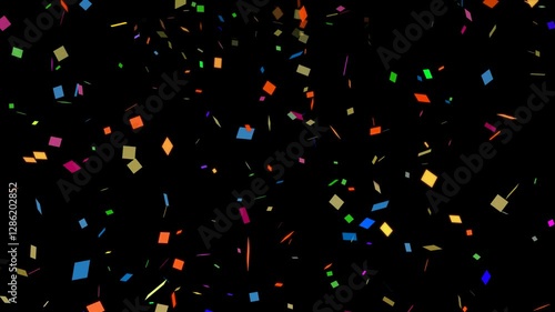 Animation of confetti explosion and falling particles, on transparent background, alpha channel.