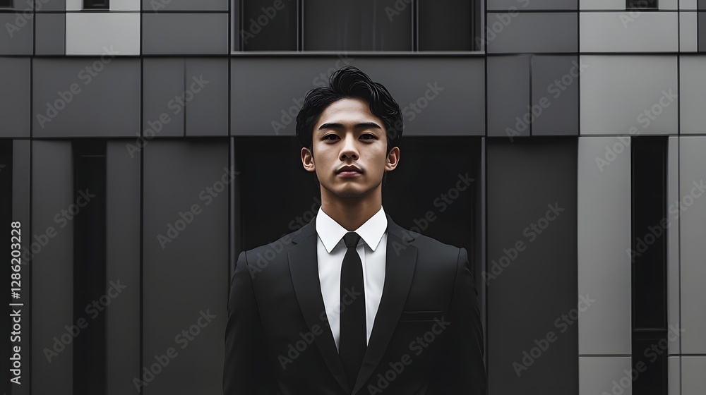 Portrait of a focused and determined looking 25 year old Japanese businessman working at his office desk using a laptop computer and surrounded by various office supplies and paperwork