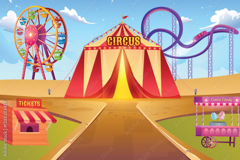 Amusement Carnival Park, Fun Fair Entertainment On Sunny Day. 3D Vector Illustration Of Royal Grand Circus Theme For E-commerce, Game Show, Kids Fun Activity Etc. Amusement Carnival Park, Fun Fair Entertainment On Sunny Day. 3D Vector Illustration Of Royal Grand Circus Theme For E-commerce, Game Show, Kids Fun Activity Etc.