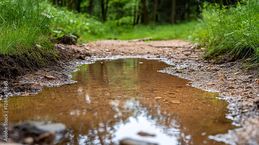 Fototapeta premium Tranquil Puddle on a Forest Trail Reflecting Nature's Serenity