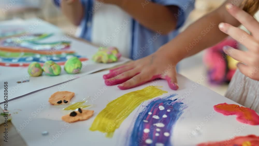 School girl painting hand creating palm prints on paper closeup. Happy child School girl painting hand creating palm prints on paper closeup. Happy child
