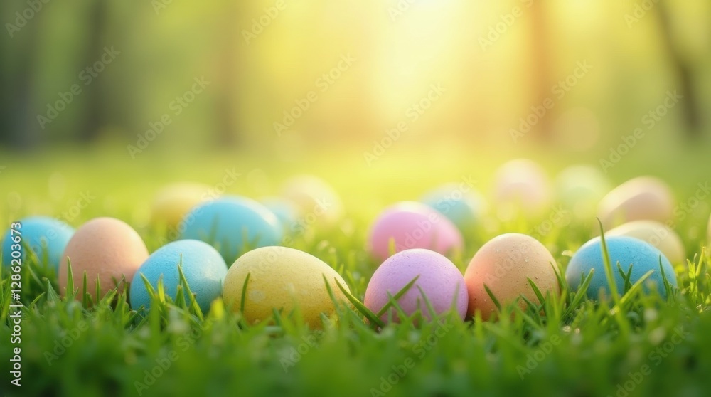 Fototapeta premium Brightly colored Easter eggs scattered on fresh green grass under sunlight