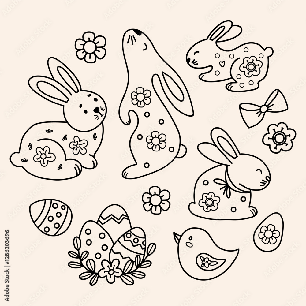 Fototapeta premium Cute Easter Bunnies and Paschal Eggs Doodles. Spring Holiday Collection. Isolated Vector Line Hand-drawn illustrations for festive decor and design
