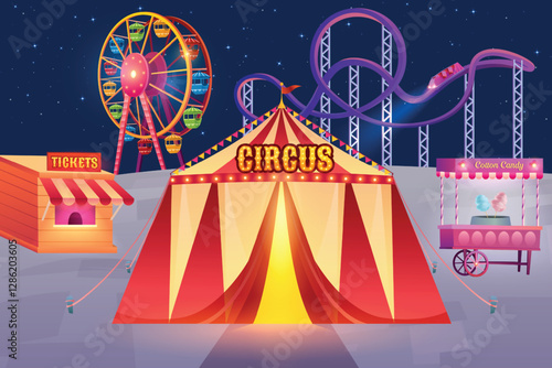 Amusement Carnival Park, Fun Fair Entertainment At Night. 3D Vector Illustration Of Royal Grand Circus Theme For E-commerce, Game Show, Kids Fun Activity Etc.